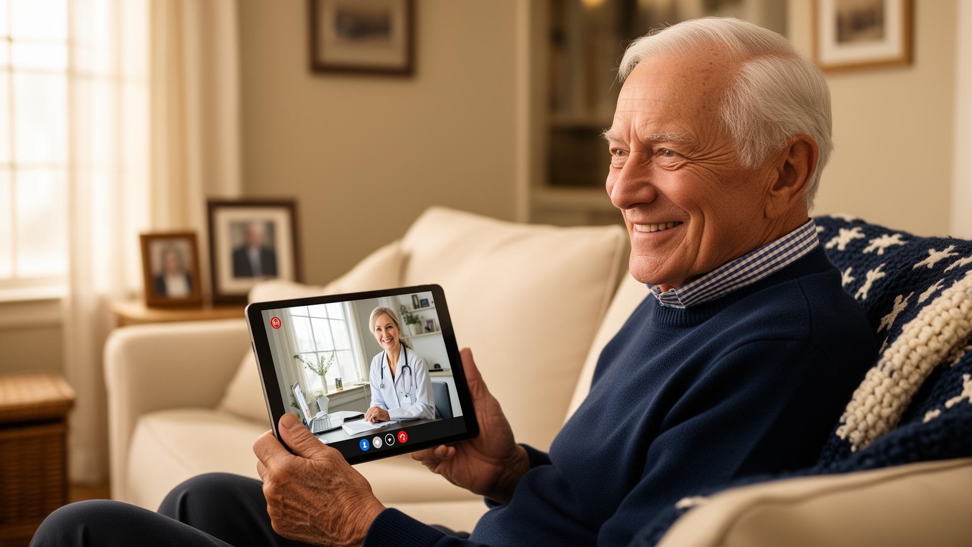 A senior man smiling on a video call with his counselor